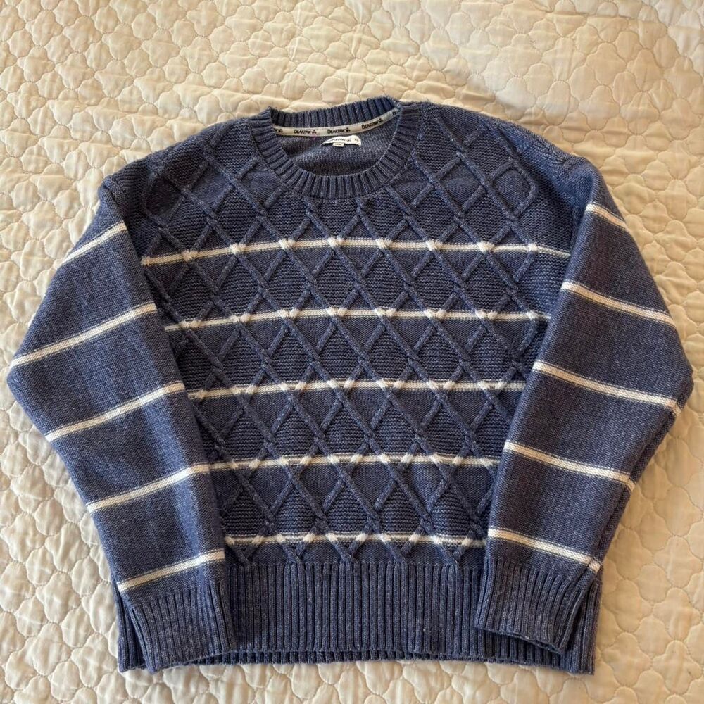 Bearpaw Women’s Blue and White Striped Cable Knit Sweater Size XL Cozy